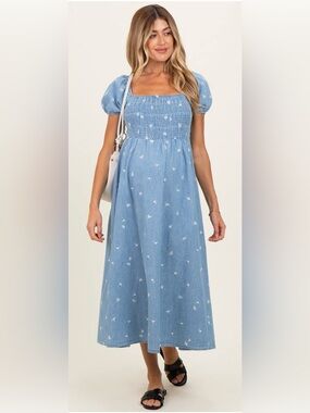 Pinkblush Chambray Embroidered Smocked Maternity Midi Dress